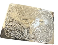 VTG Designer Western Cowboy Belt Buckle Unisex Silver Tone Rectangular Steer