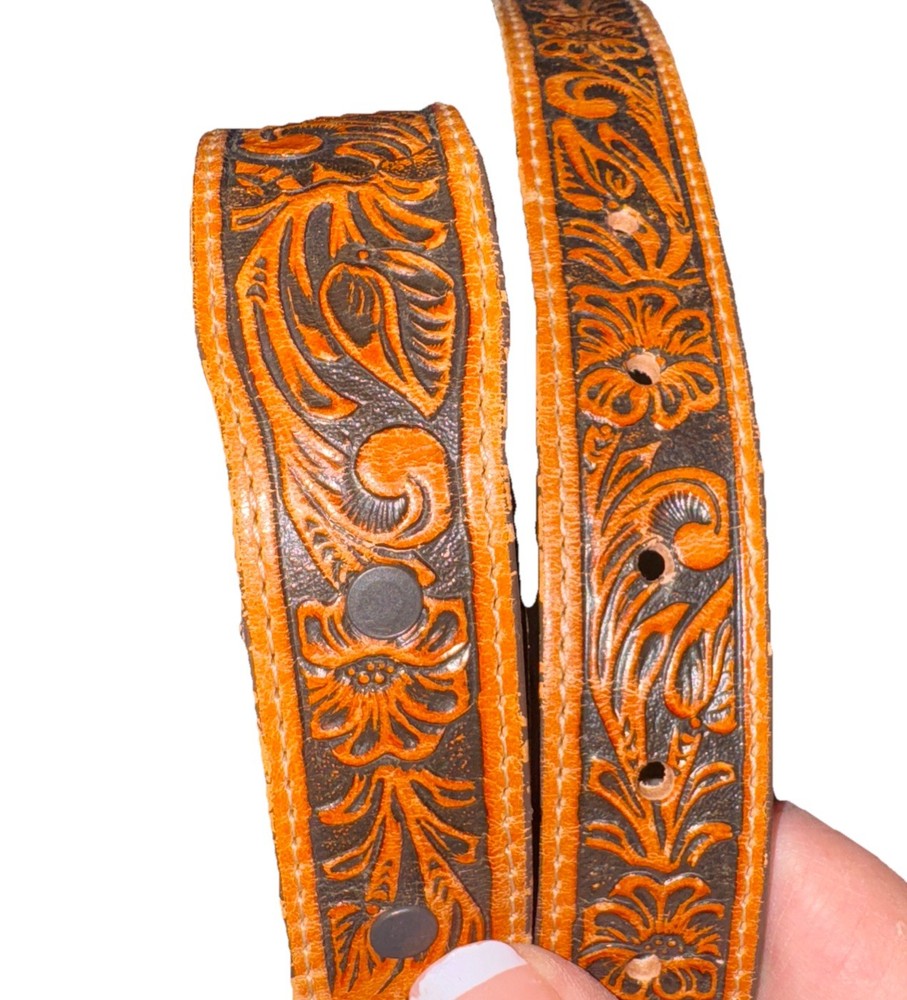 Justin Leather Kids Belt Size 22 Brown Tooled No Buckle