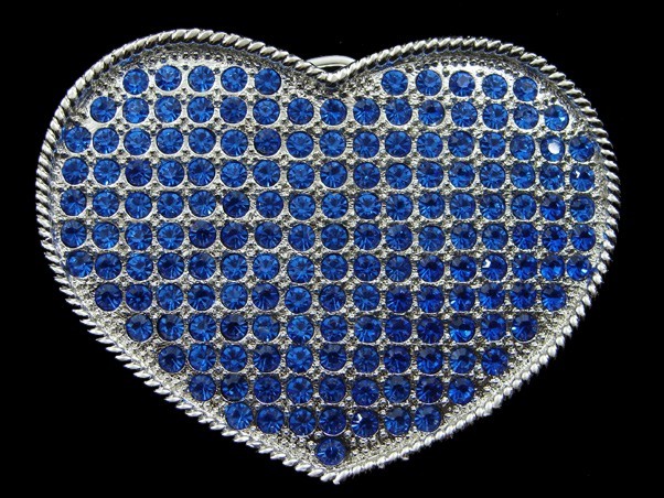 RJ01169 REALLY COOL *BLUE CRYSTALS HEART SHAPED* SILVERTONE FASHION BELT BUCKLE