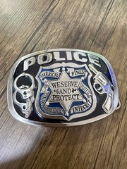 Vintage Police Belt Buckle We Serve And Protect Law Enforcement Handcuffs Revolv