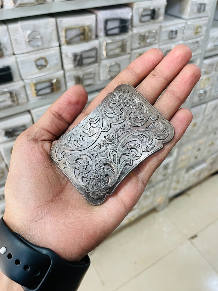 Western Designer Buckle In Silver Antique Color Plate Buckle Unisex Handmade 1.5