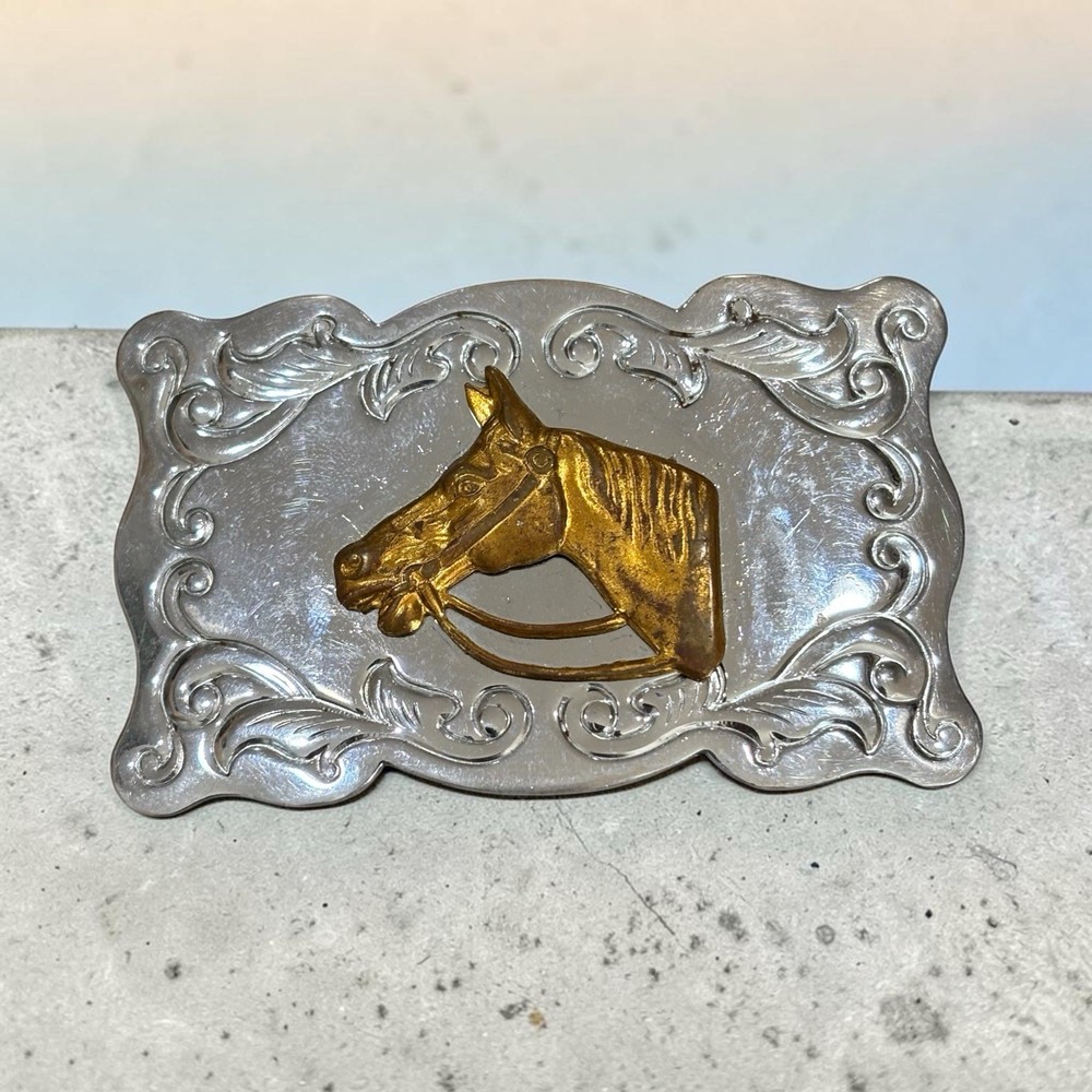 Vintage Chambers Belt Co. USA Brass Horse head Belt Buckle Silver Tone