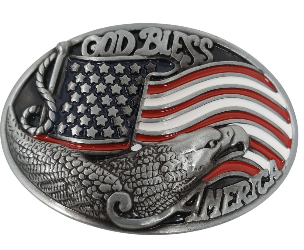 God Bless America Belt Buckle Eagle Flag Patriotic Design Metal Oval #M-14