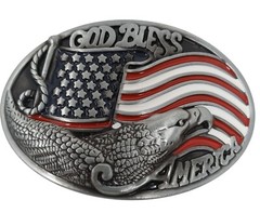 God Bless America Belt Buckle Eagle Flag Patriotic Design Metal Oval #M-14