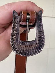 Douglas Magnus 4 Piece Sterling Silver Santa Fe Buckle Brown Leather Belt