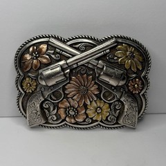Six Shooters Crossed Guns Pistols Western Colorful Belt Buckle With Rope Boarder