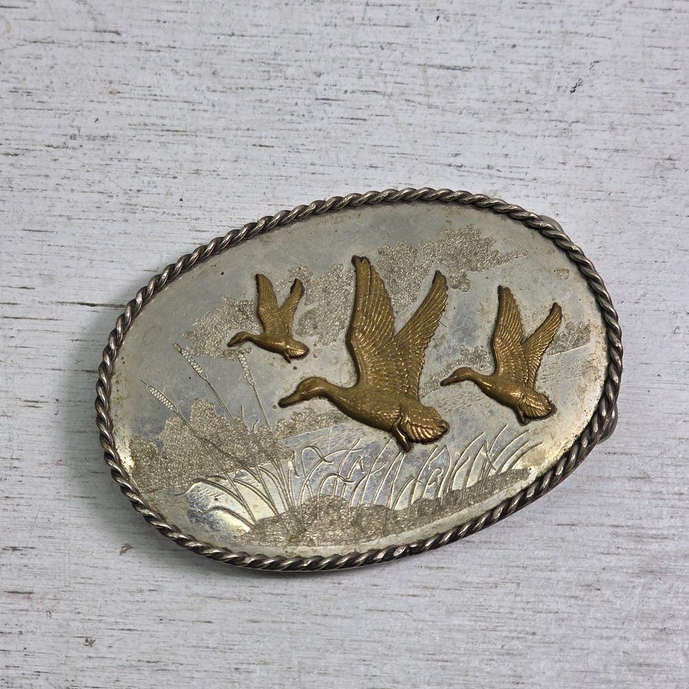 Vintage German Silver Enamel Mallard Duck Belt Buckle Engraved Western Rope Edge