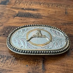 Western Longhorn Bull Belt Buckle Silver Gold Tone Floral Scroll Oval Cowboy