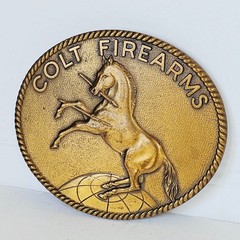 70&rsquo;s Colt Firearms Belt Buckle Signed Brass Tone Rampant Colt Horse Logo Western