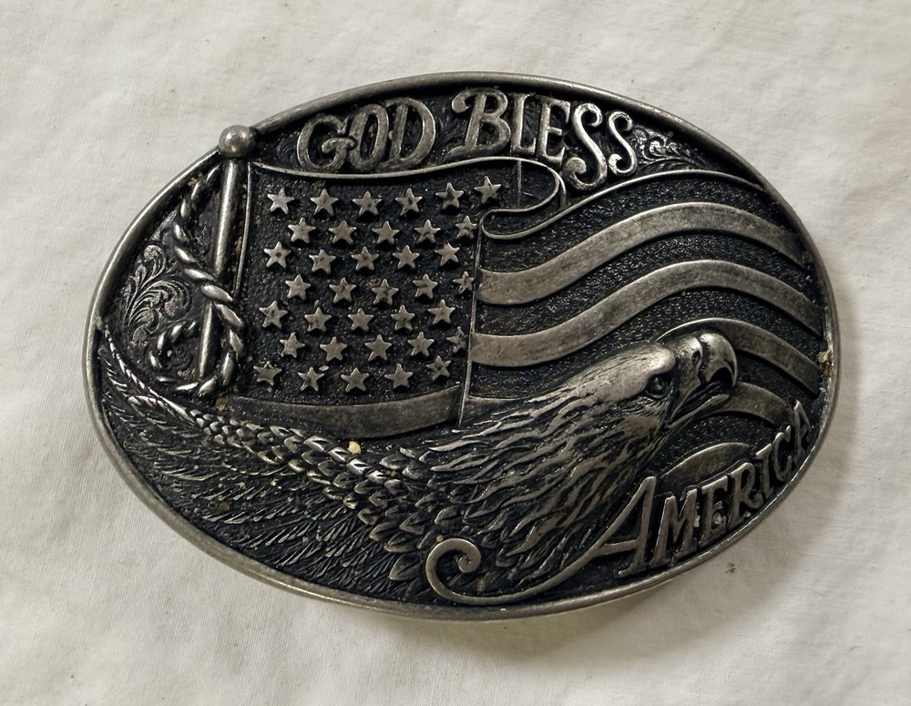 NOCONA Patriotic Belt Buckle God Bless America w/ Bald Eagle & Flag Metal USA