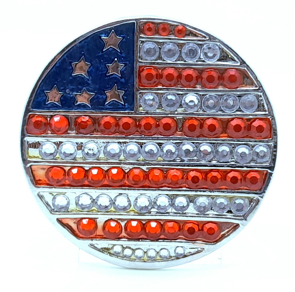American Flag Belt Buckle round Rhinestones Red White Blue Patriotic mem & women