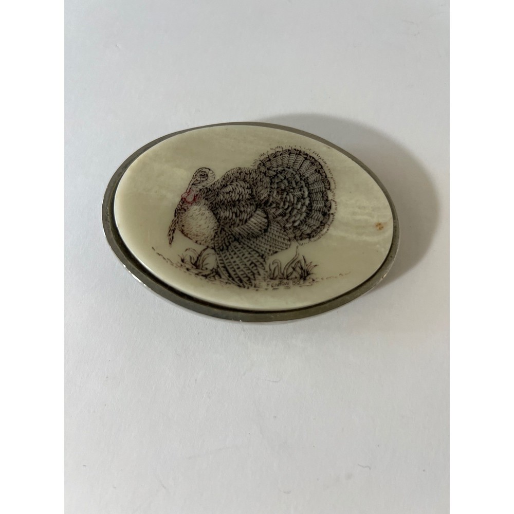 Vintage BTS E Fenton1988 Turkey Scrimshaw Stone Brass Belt Buckle 3.25&Prime;