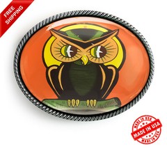 Owl Belt Buckle – Retro Halloween Art Silver Oval Handmade Buckle – 144