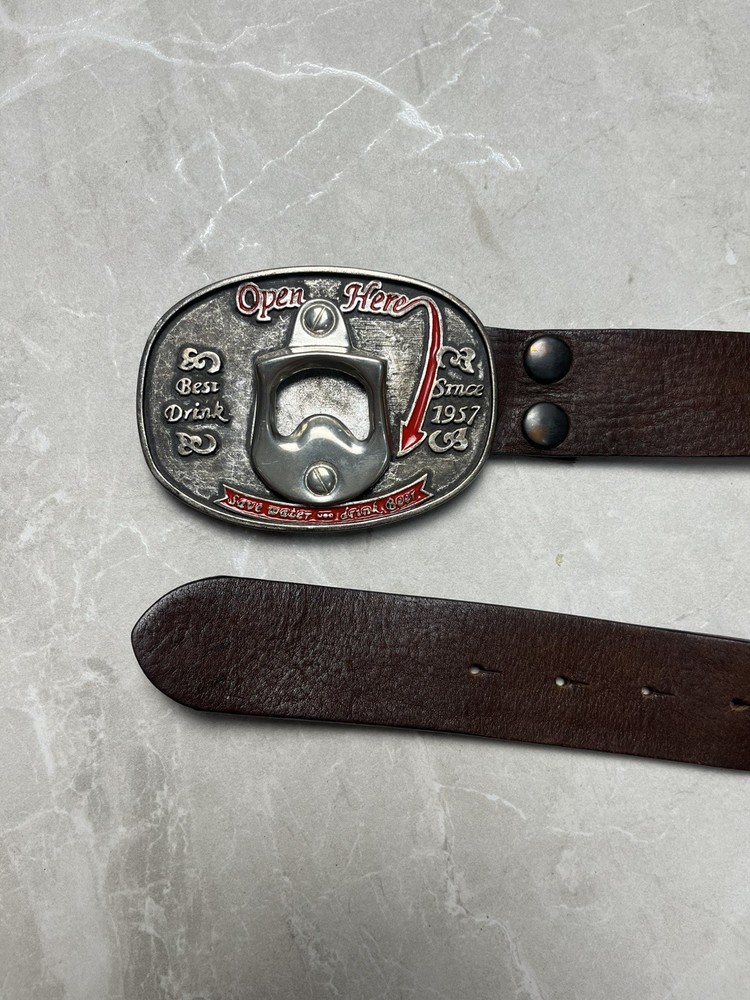 Vintage Bottle Opener Metal Belt Buckle & Leather Belt Itsus Beverage 1957