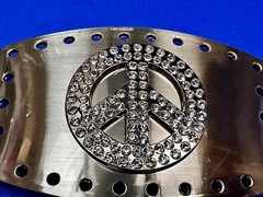 Jeweled Peace Sign Studded Rhinestone Silver Tone Belt Buckle W/ Hole Border
