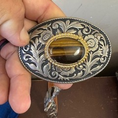 Vintage Leather Metal Eagle Cowboy Western Belt w/Tigers Eye Stone Buckle