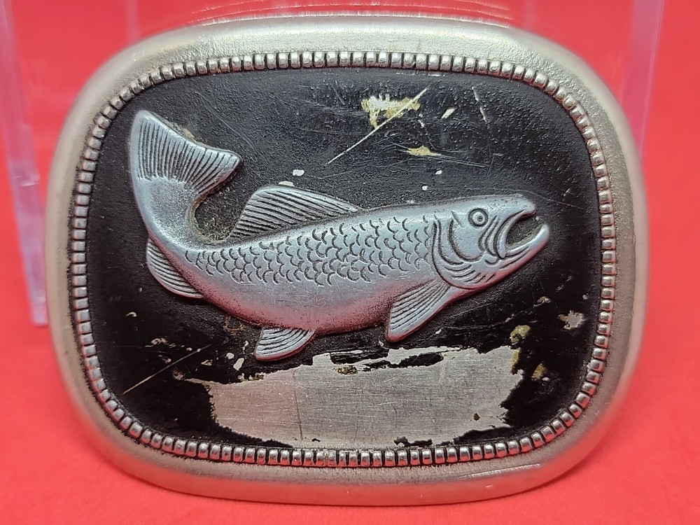 USED Great Fun Fashionable Belt Buckle Heavy Duty SALMON FISH WORN BLACK BACKGD