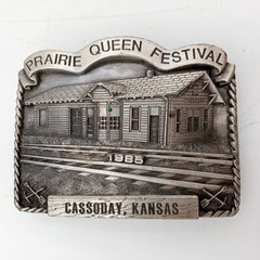 ATSF Train Depot Belt Buckle Cassoday KS 1985 Prairie Queen Festival Vintage