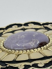 Belt Buckle Lavender Jade Cabochon oval gold tone black enamel background