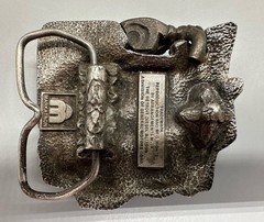 VINTAGE BELT BUCKLE SHAPED LIKE A ENGINE MARKATRON DETRIOT DIESEL DOUBLE 0-92