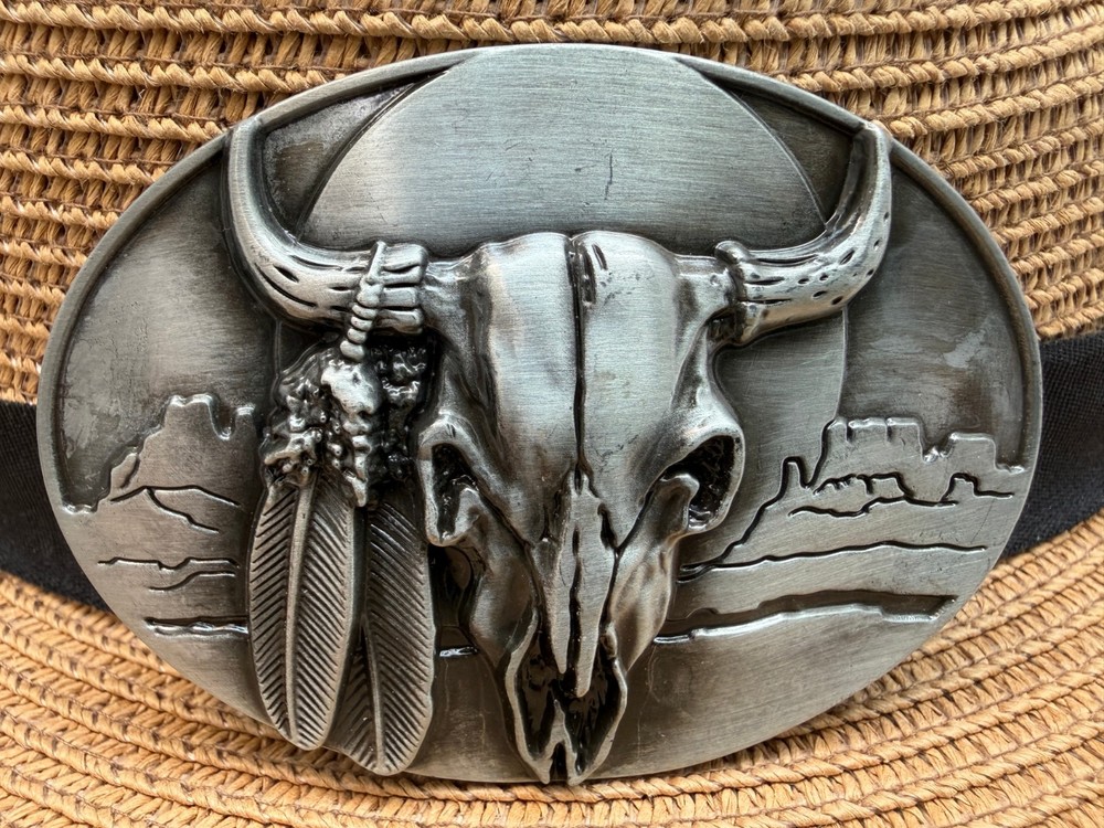 Antiqued Silver Oval Bull Skull Indian Western Belt Buckle