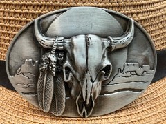 Antiqued Silver Oval Bull Skull Indian Western Belt Buckle