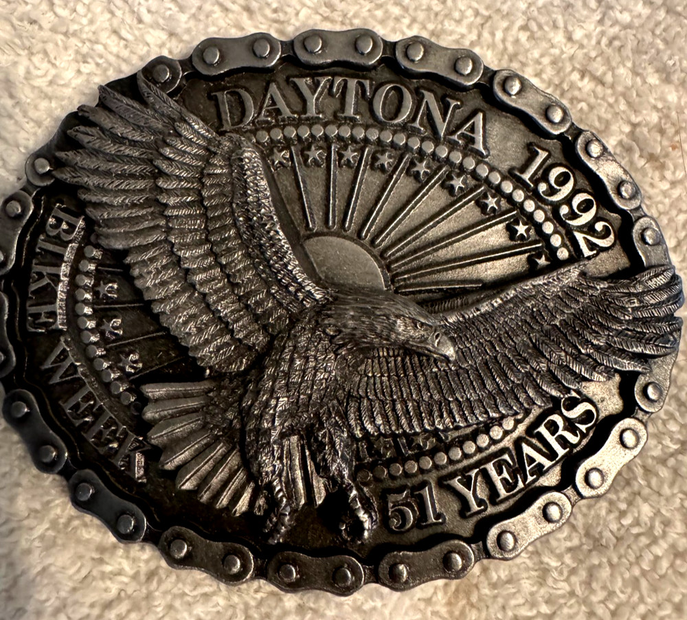VINTAGE 1992 DAYTONA BIKE WEEK BELT BUCKLE ARTISTRY IN IRON silver or brass
