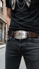 Men Women Silver Metal Rocker Gothic Fashion Buckle Cross Ranch Rodeo Outdoor