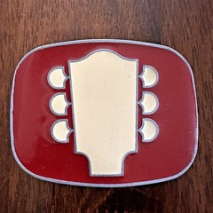 Guitar Headstock Belt Buckle Red Enamel Silver Tone Metal 3&Prime; x 2.5&Prime;
