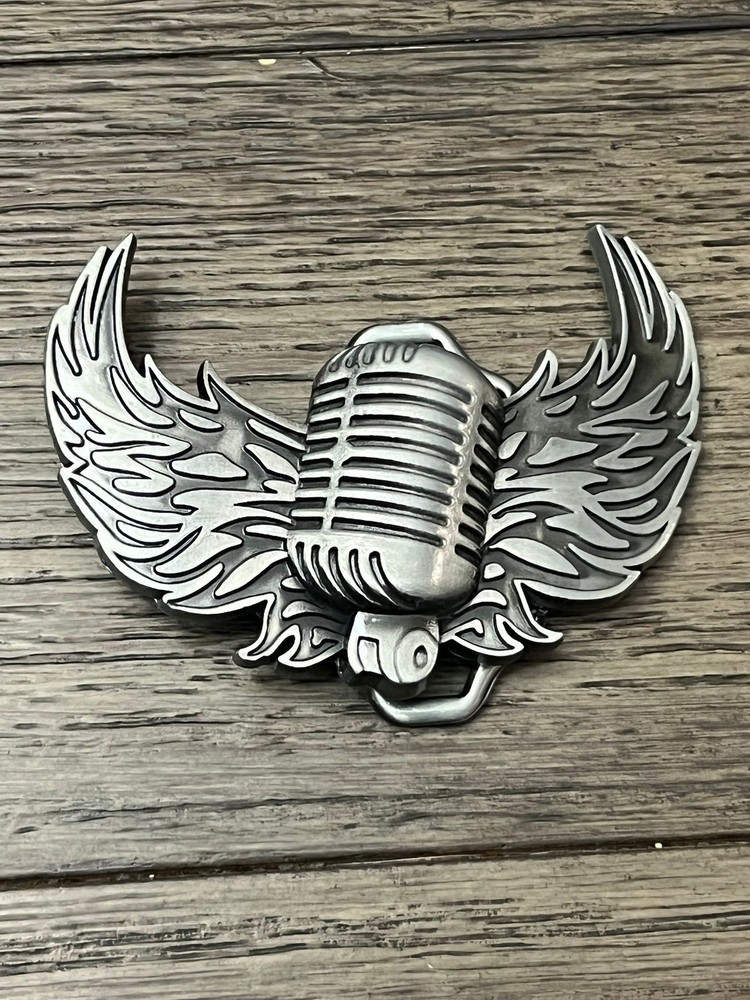 Microphone Wing Belt Buckle Mens Metal 3in Silver Vintage Rockabilly Music