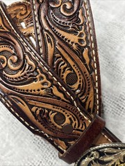 Tiger Eye Brass Tone Brown Belt Men Ladies Leather Embossing Western Cowboy