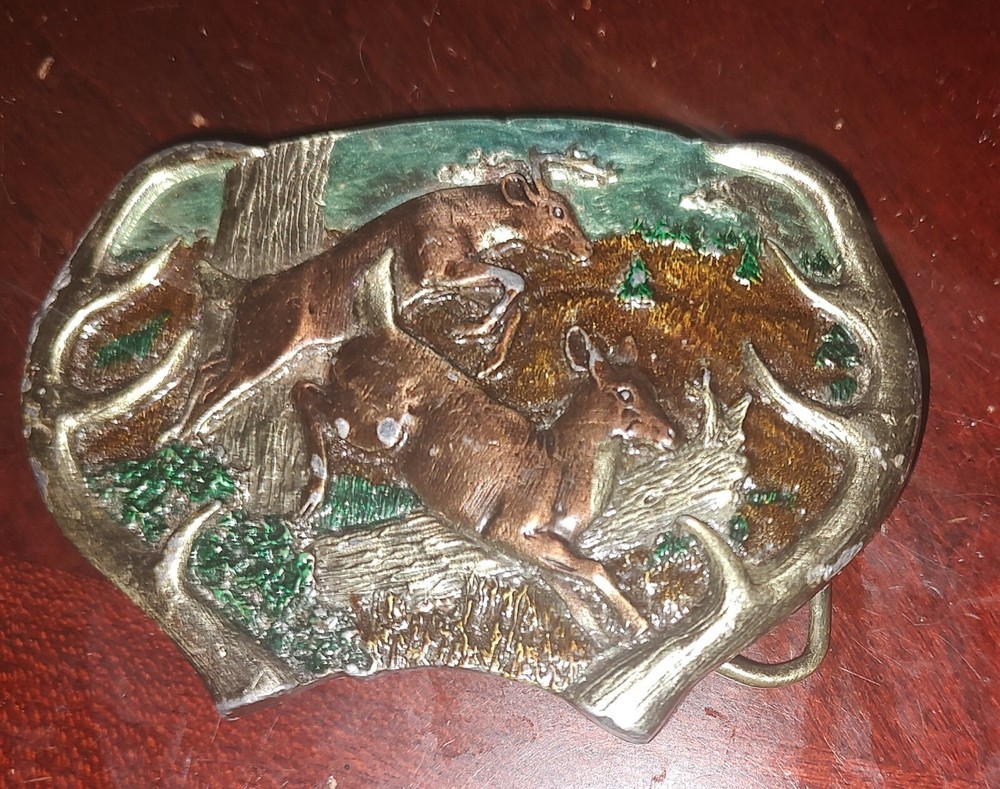 Belt Buckle – Leaping Deer in Forest Antler Framed – Bergamot Brass Works – USA