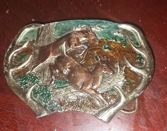 Belt Buckle – Leaping Deer in Forest Antler Framed – Bergamot Brass Works – USA
