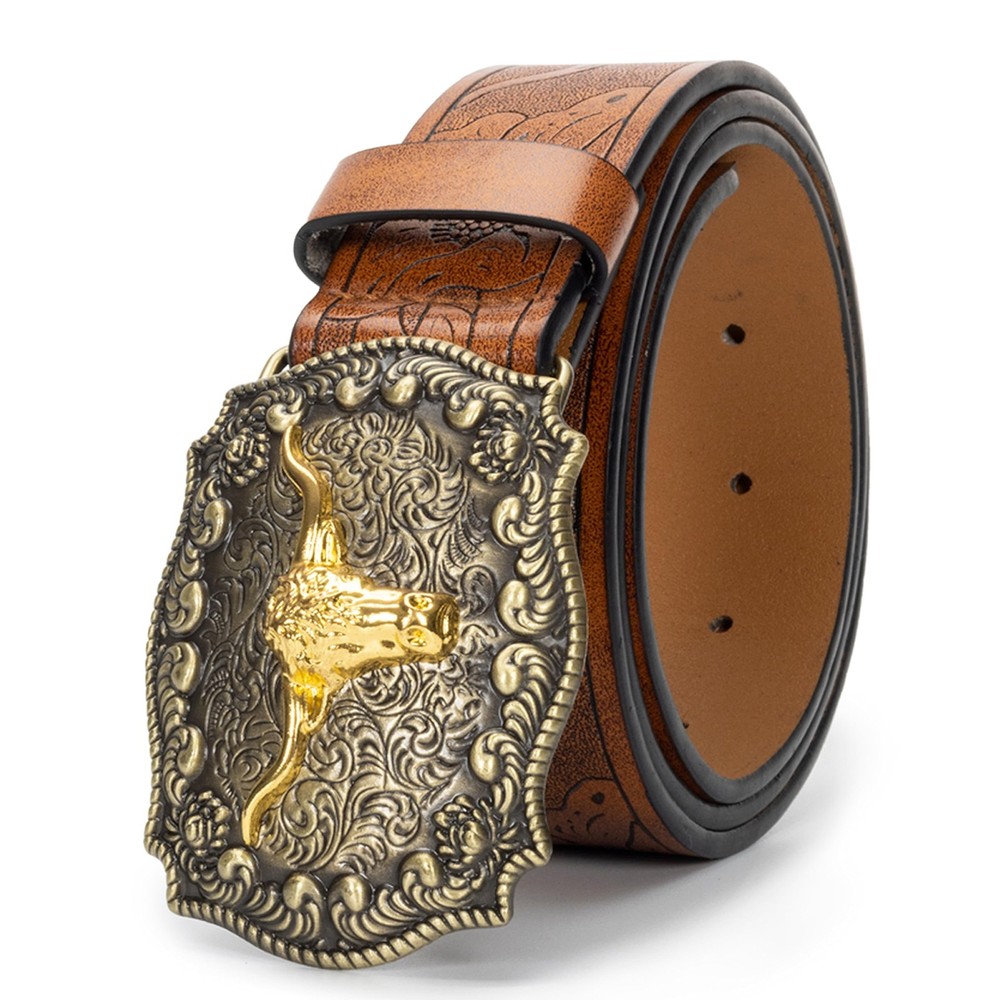 Eohak Western-Cowboy-Belts for Men Women Floral-Engraved-Belt Medium, Brown