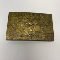 Vintage Pony Express Belt Buckle Mens OS Gold Brass Western Rider 1849 Map