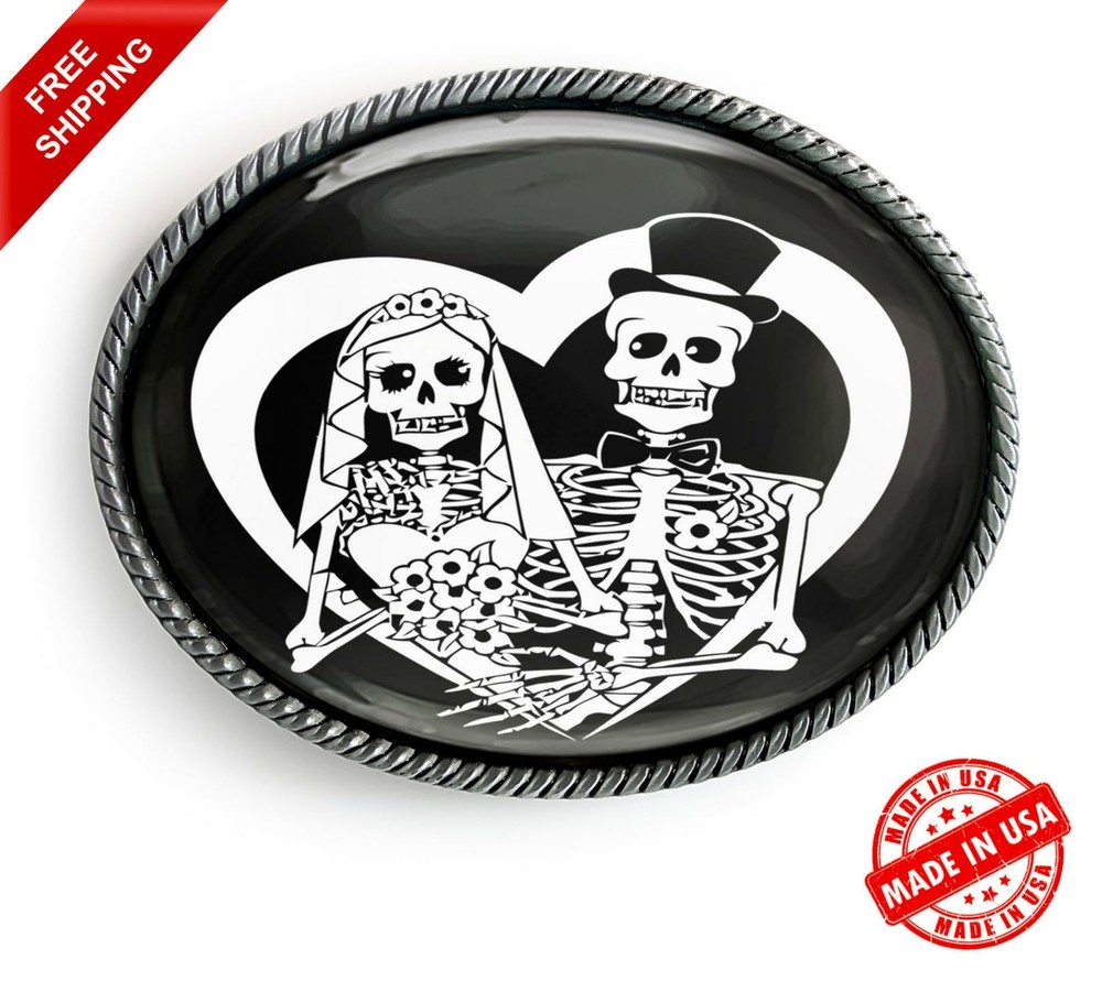 Sugar Skull Bride & Groom Belt Buckle – Day of the Dead Wedding Handmade Gift 66