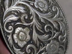 vintage ENGRAVED belt buckle WESTERN metal FLORAL cowboy rodeo