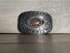 VTG Western Country Silver Tone Rhodochrosite Stone Belt Buckle 3.25&Prime; x 2&Prime;