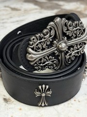 Belt Leather Black Chrome Tone Cross Buckle Size 32 Regular