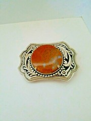 Belt Buckle Silver Tone Brown Polished Stone Flower Etched