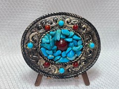 VTG Turquoise Belt Buckle Red Color Stones South Western Country Style Oval