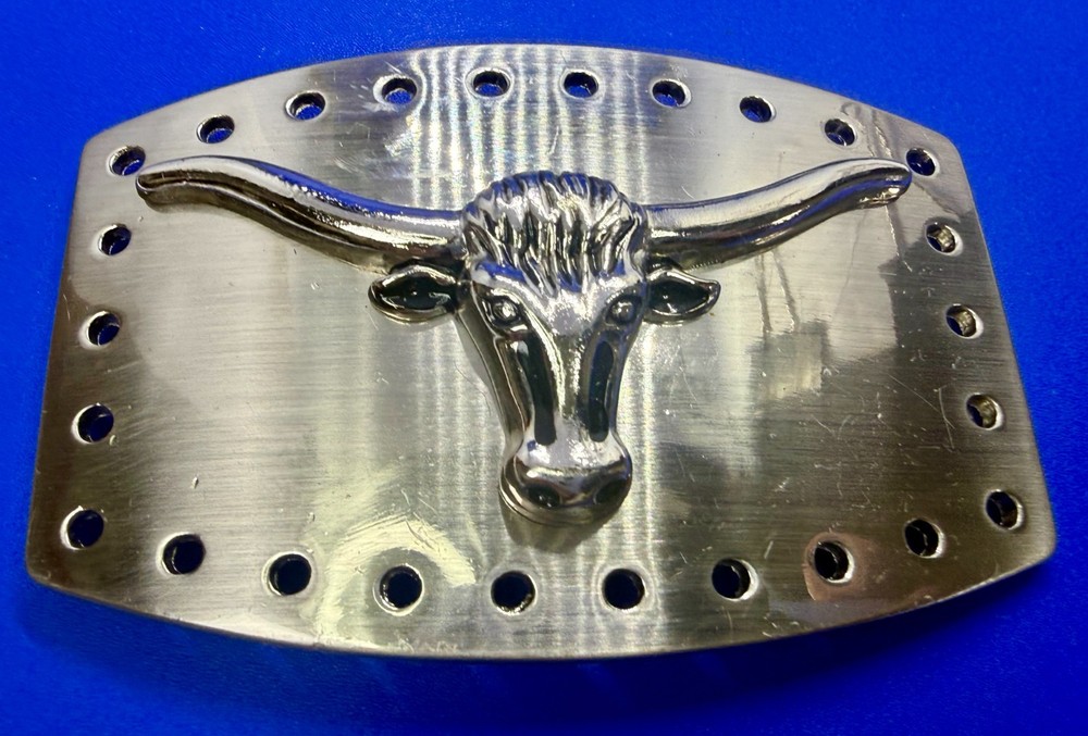 Texas Longhorn Cow Bull Head Steer Hole Border Silver Color Western Belt Buckle