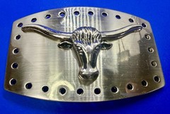 Texas Longhorn Cow Bull Head Steer Hole Border Silver Color Western Belt Buckle