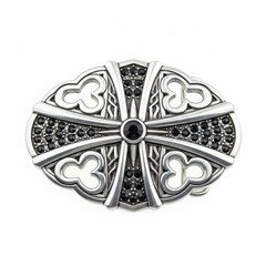 Oval Gothic Cross Belt Buckle in Antique Silver with Black Crystals