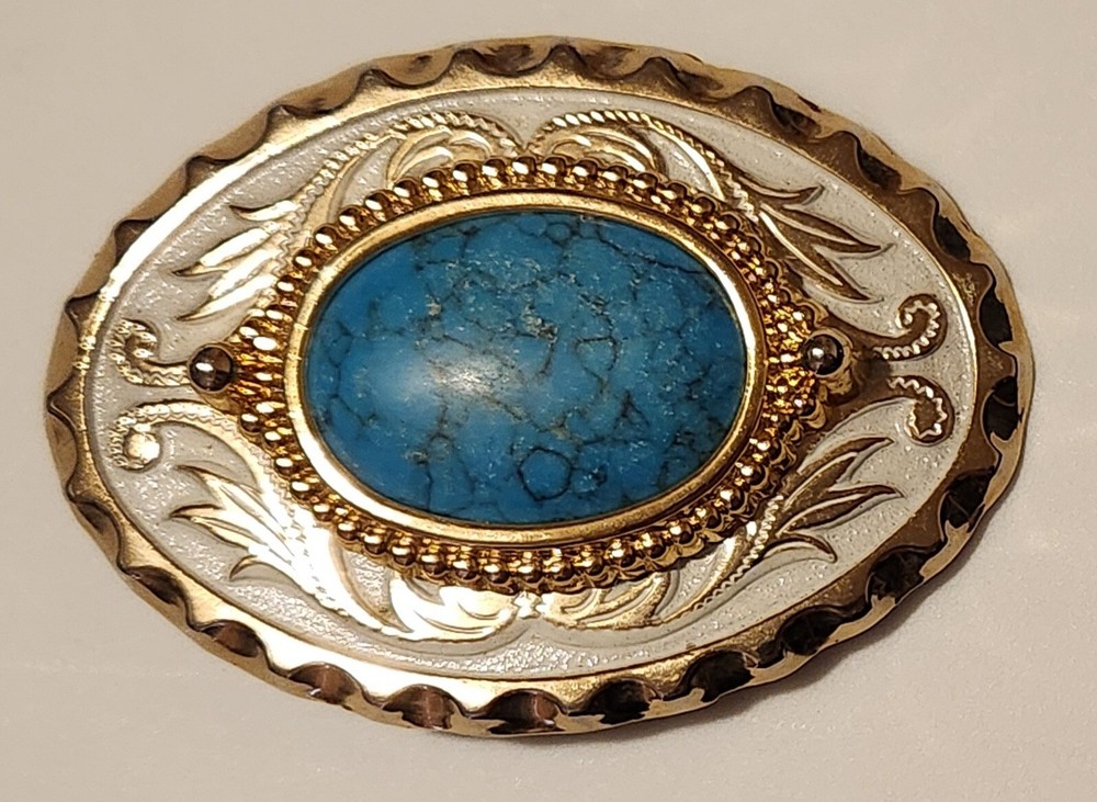 Vtg Faux Turquoise, Chrome, Gold & White Oval Belt Buckle Fits 1-1/2 in Belt NOS