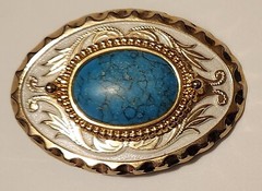 Vtg Faux Turquoise, Chrome, Gold & White Oval Belt Buckle Fits 1-1/2 in Belt NOS