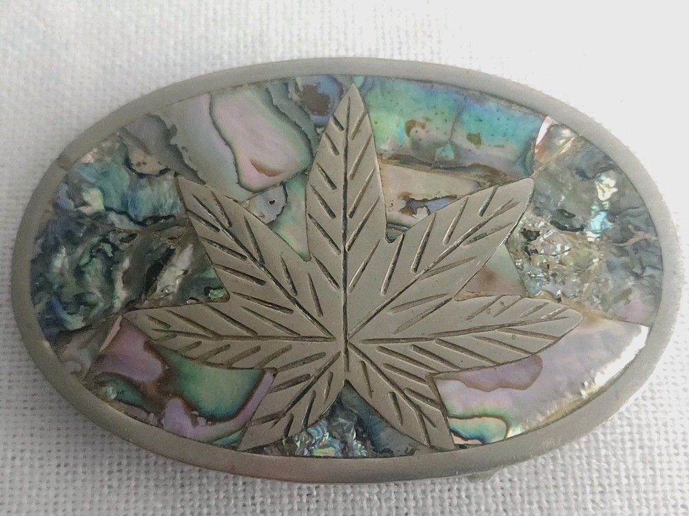VTG Belt Buckle Mexican Abalone Inlay Silver Marijuana Leaf 420 Weed Cannabis