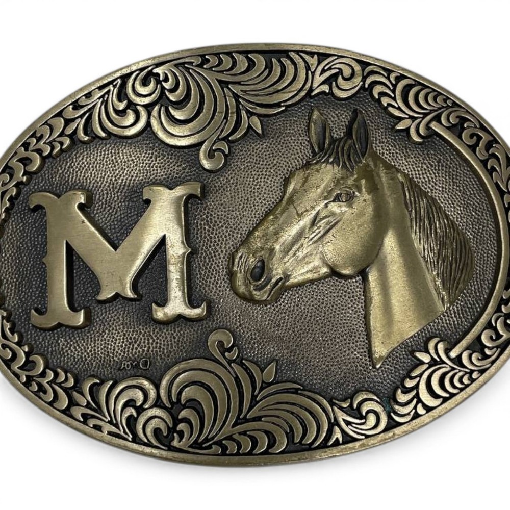 Western Horse Brass Belt Buckle Engraved Initial M Cowboy Rodeo Equestrian