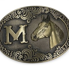 Western Horse Brass Belt Buckle Engraved Initial M Cowboy Rodeo Equestrian