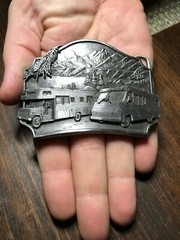 RV motorhome car travel BELT BUCKLE 1987 siskiyou metal western trip road huntin
